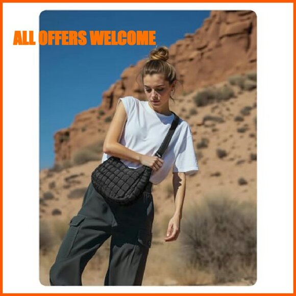 Quilted Puffy Crossbody Hobo Bag, Adjustable Strap, Water-Resistant Nylon - Picture 3 of 8